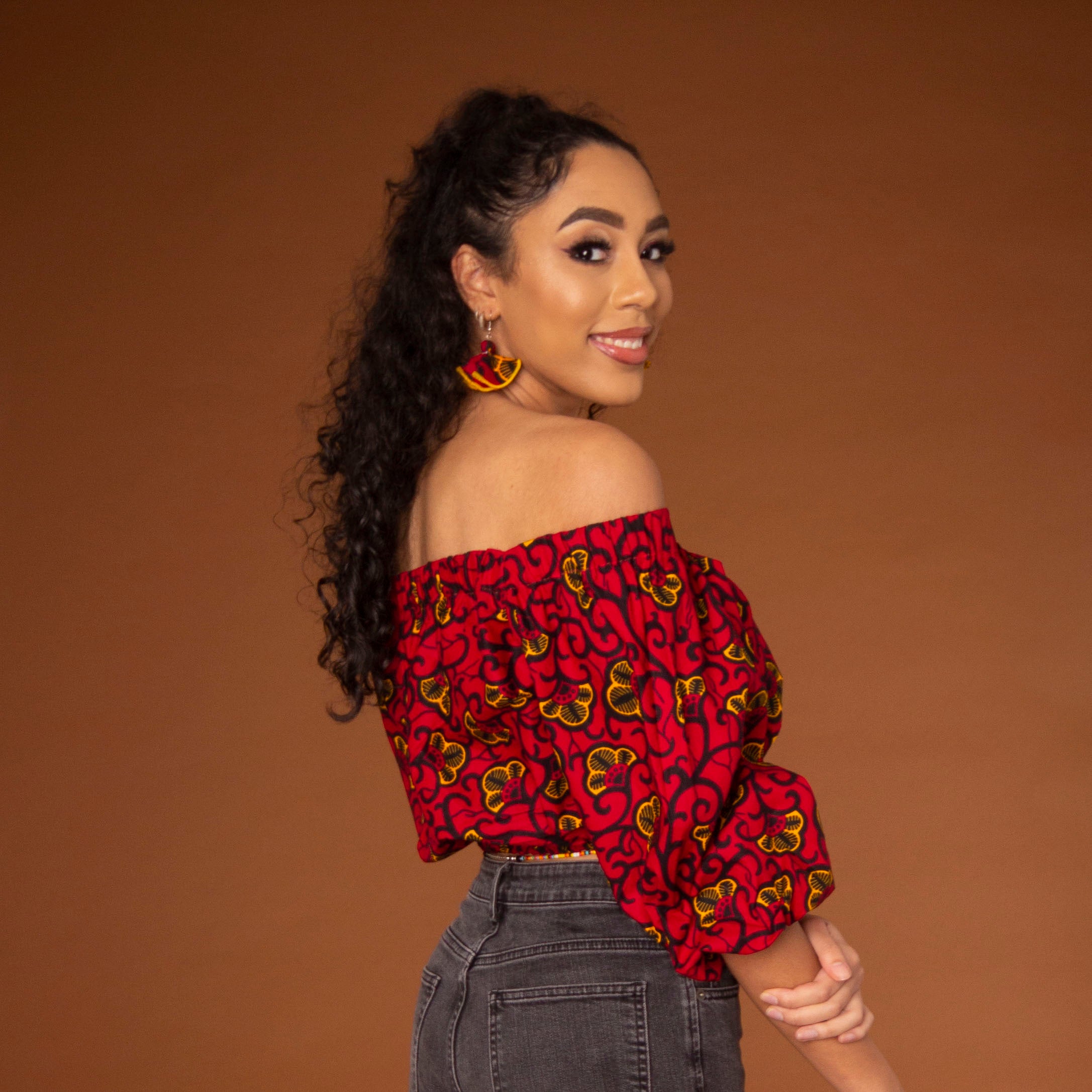 Ankara off deals shoulder crop top